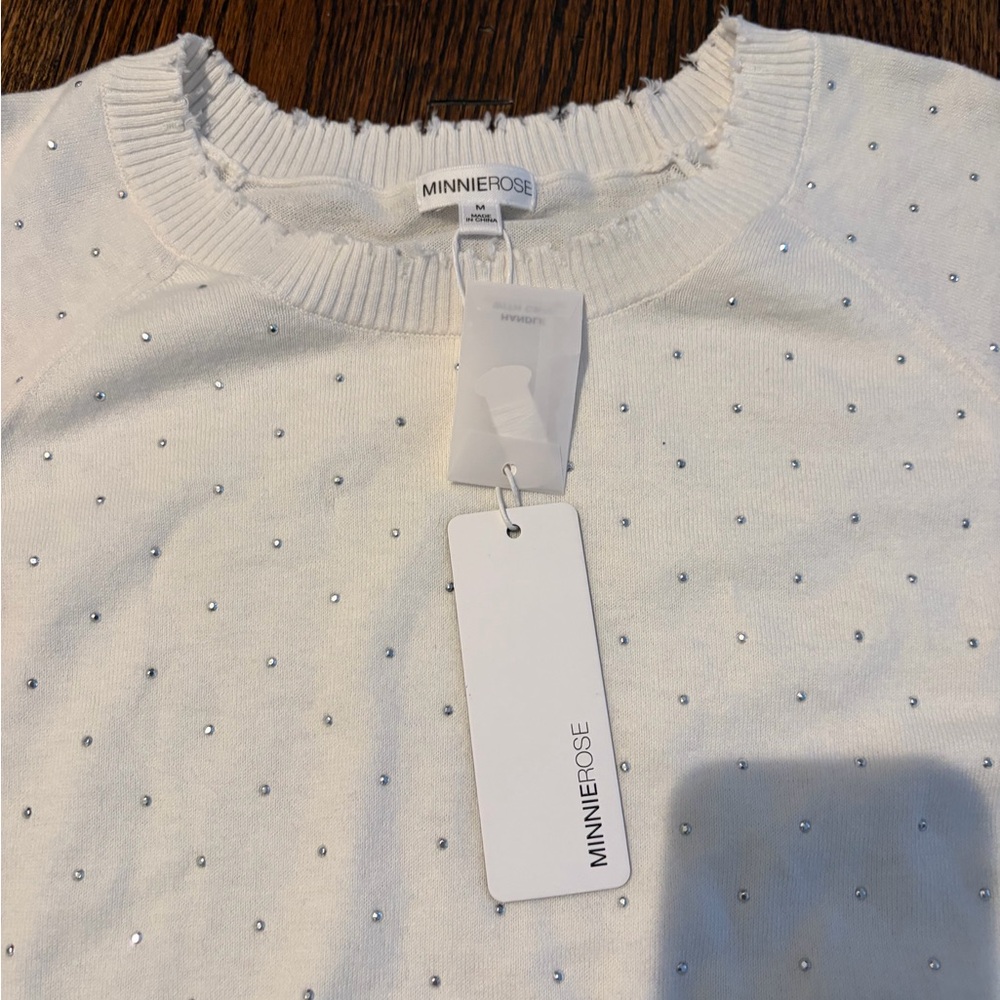 Minnie Rose Cream Eyelet Crewneck Cotton Cashmere Sweater - Picture 2 of 7